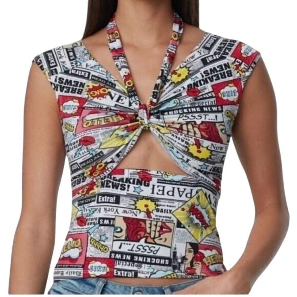 Newspaper Comic Print Twist Front Halter Top‎ Sleeveless Sexy Going Out L retro